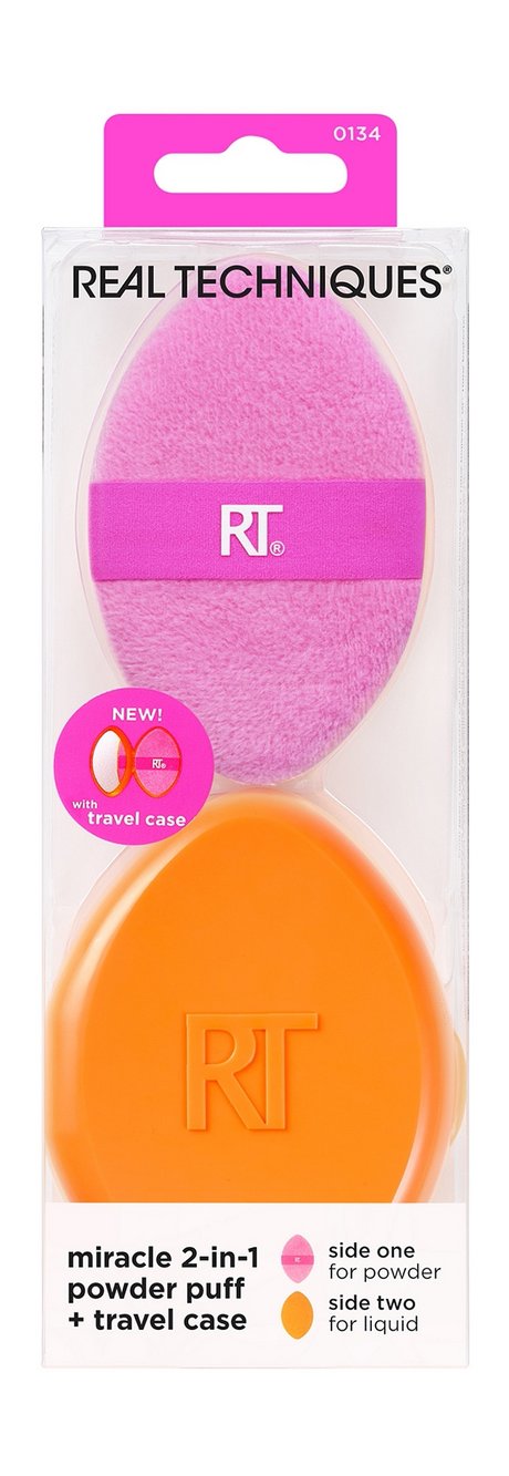 Двусторонняя пуховка для пудры c футляром Real Techniques Miracle 2-in-1 Powder Puff + Travel Case